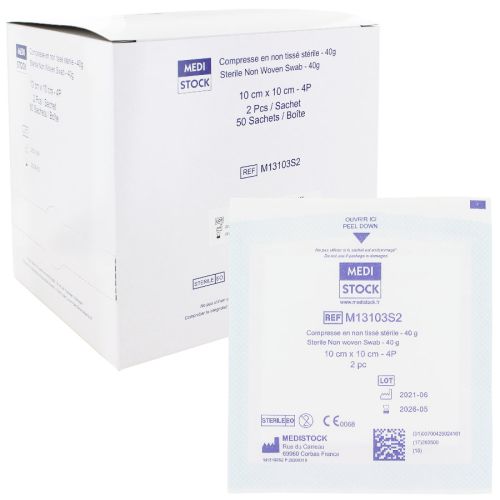 Compresses non tissées stériles Medistock 40g 10 x 10 cm / 50 sachets de 2